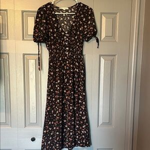 Black Floral Midi Dress with Puff Sleeves and Smocked Waist